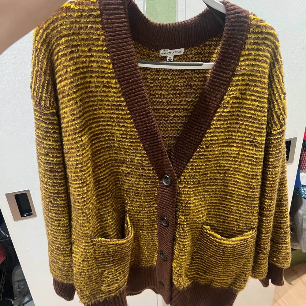 Moon River Brown and Yellow Striped Cardigan